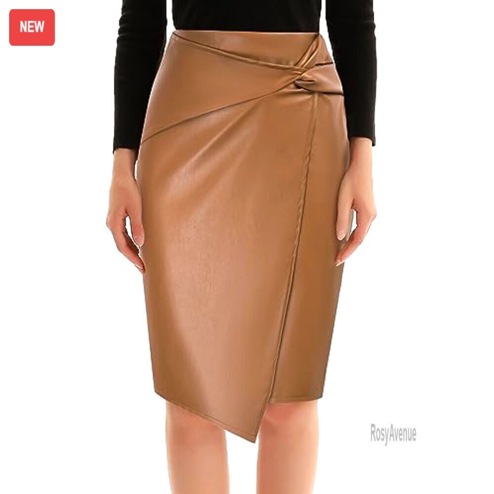 Faux Leather High Waist Wrap Midi Skirt, Stretchy PU, Business Casual Pencil - Picture 2 of 7